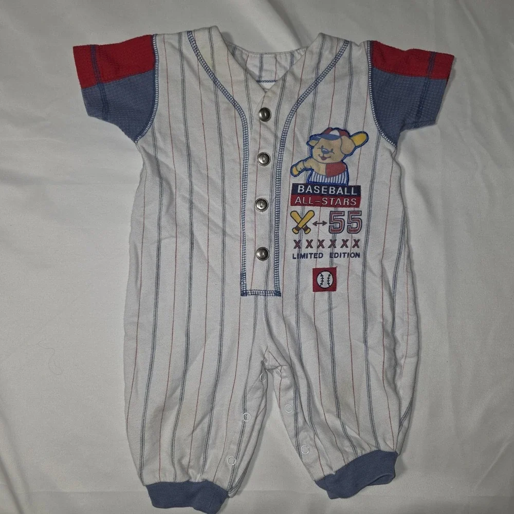 Baby Baseball Romper 3–6 Months Striped Red Blue All Stars 55 Vtg